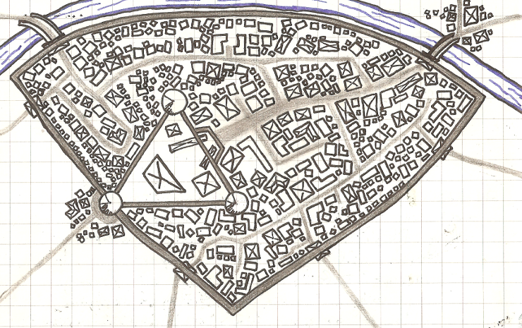 A walled city next to a river, with buildings shown explicitly and unpaved roads implied with negative space.